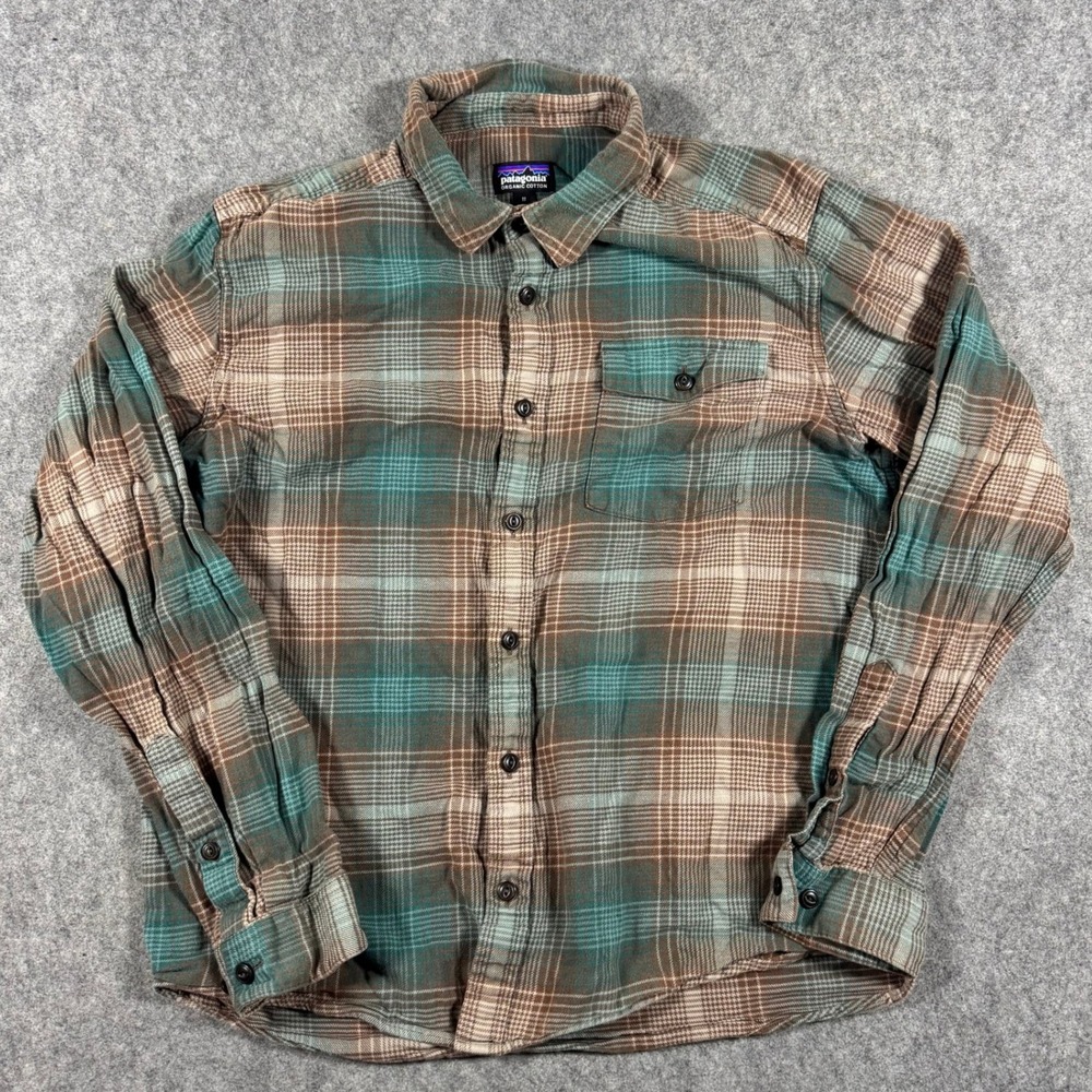 Patagonia Fjord Flannel Shirt Mens M Brown Teal Plaid Organic Cotton Outdoors